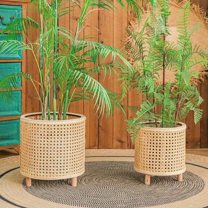 Ma boutique cache pot en osier et bois avec pied