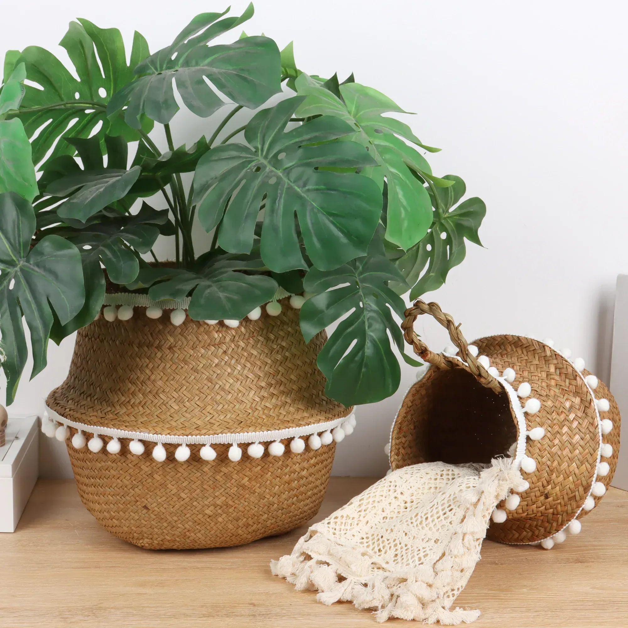 Ma boutique panier en osier cache pot avec franges