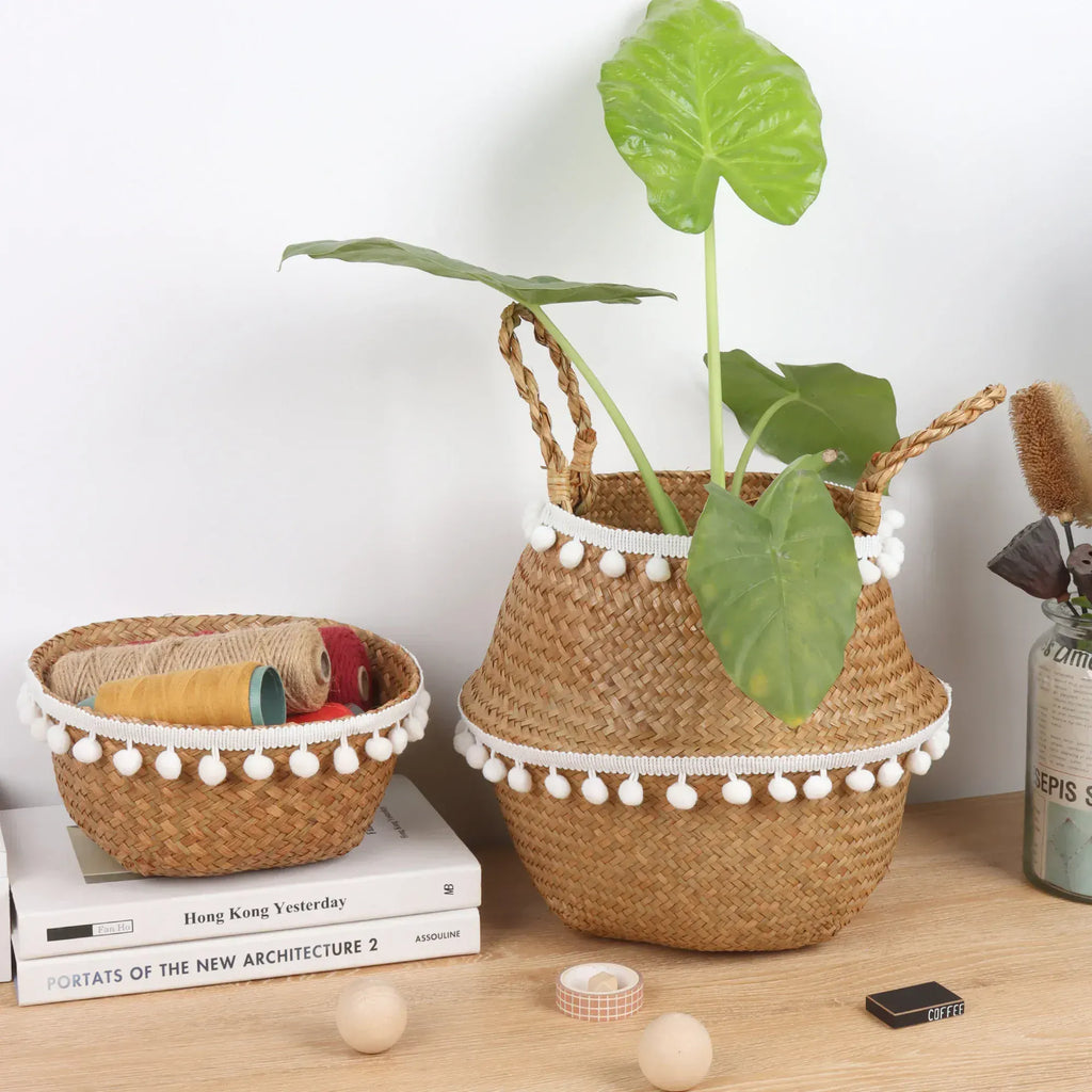 Ma boutique panier en osier cache pot avec franges