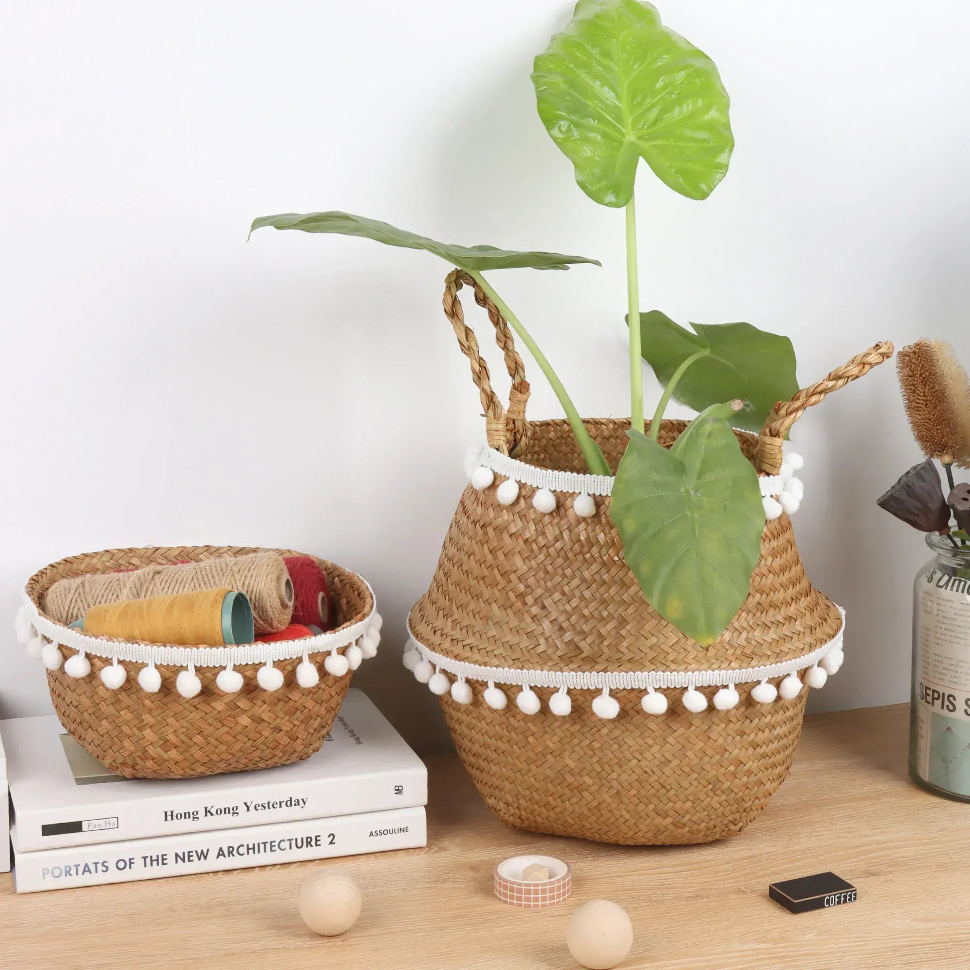 Ma boutique panier en osier cache pot avec franges