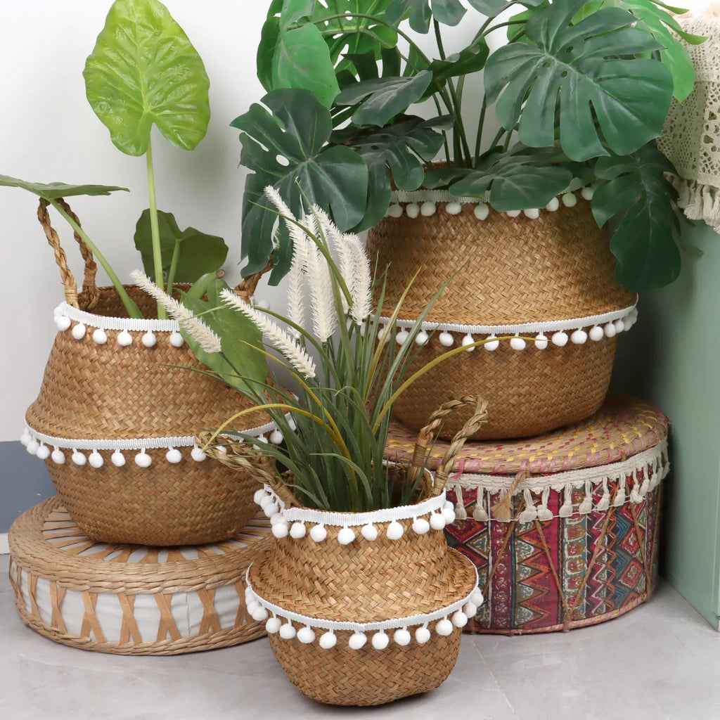 Ma boutique panier en osier cache pot avec franges