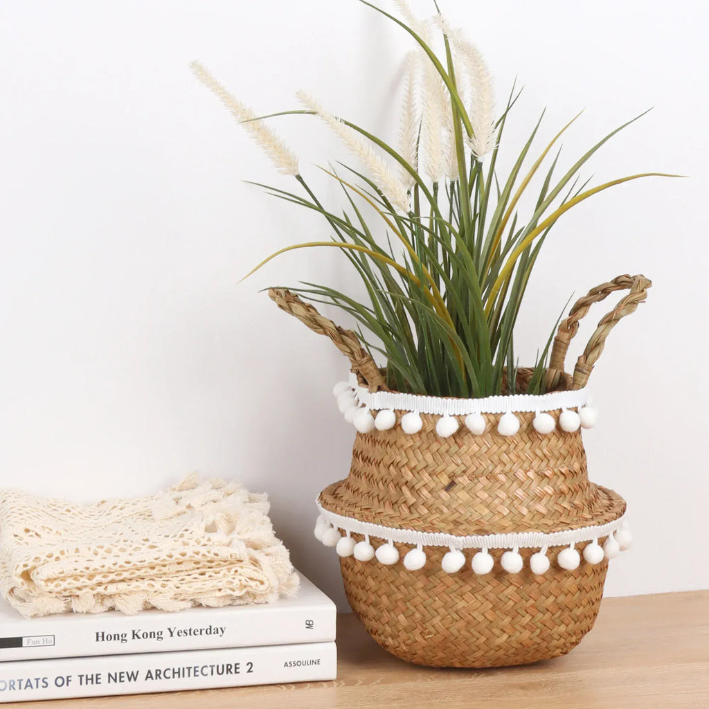 Ma boutique panier en osier cache pot avec franges